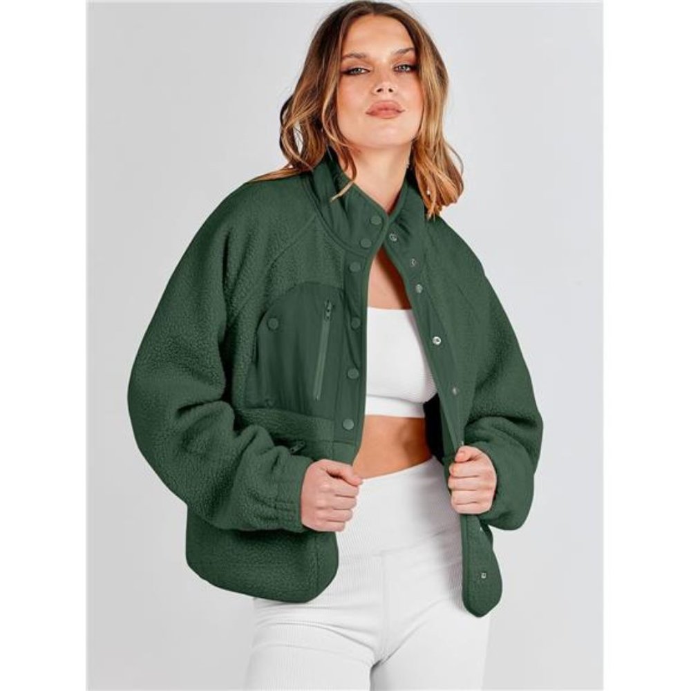 Fleece Jacket Button Down Shacket Sherpa Cropped Coats with Pockets For Women - Picture 3 of 6
